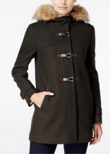 Cole Haan Signature Faux Fur Trim Wool Blend Duffle Coat Black Size 4