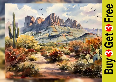 Cactus Trail 5''x7'' Druck auf mattem Papier | Scenic Mountain Desert Aquarell