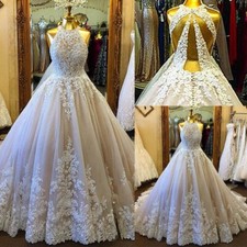 Elegant A-Line Wedding Dresses Halter Sleeveless Lace Applique Bridal Ball Gowns