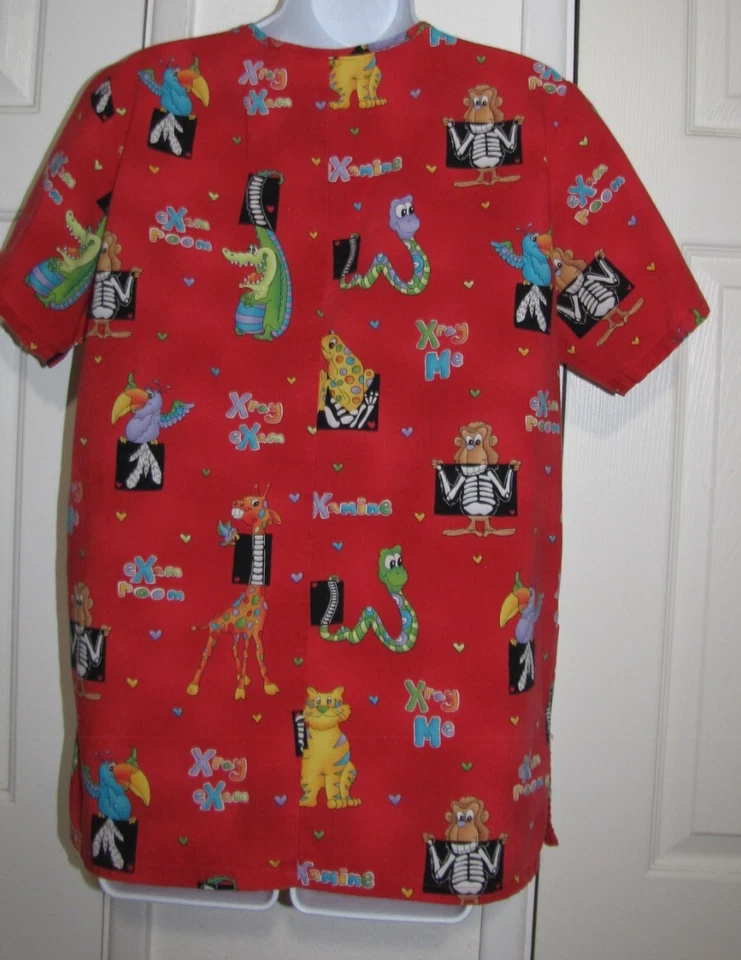 VTG Scrub Red Top Cherokee  Short Sleeve X-Ray Animal-Cartoon-Print Cotton WmS/M - Image 4 of 4