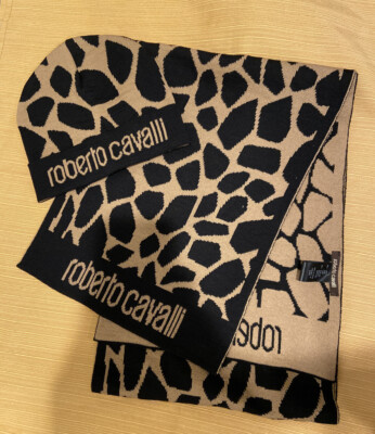 ROBERTO CAVALLI wool Brown/Black ANIMAL scarf & hat Set
