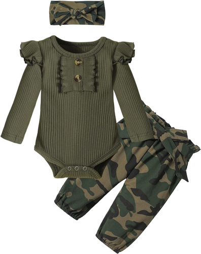 Newborn Baby Girl Clothes Ribbed Ruffle Sleeve Romper + Floral Pants + Headband - Picture 9 of 12
