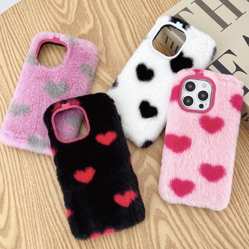 For iPhone 15 14 13 12 11 Pro Max XR Cute Love Heart Pattern Plush Fluffy Case - 第 1/23 張圖片