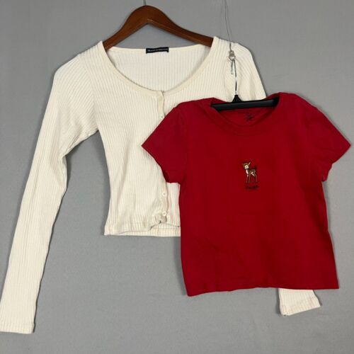 Lot of 2 Brandy Melville Tops Red Baby Tee & Cropped Cream Cardigan Long Sleeve