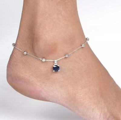 Christmas Gift Anklet 1CT Round Lab Created Sapphire Women's 14k White Gold Over