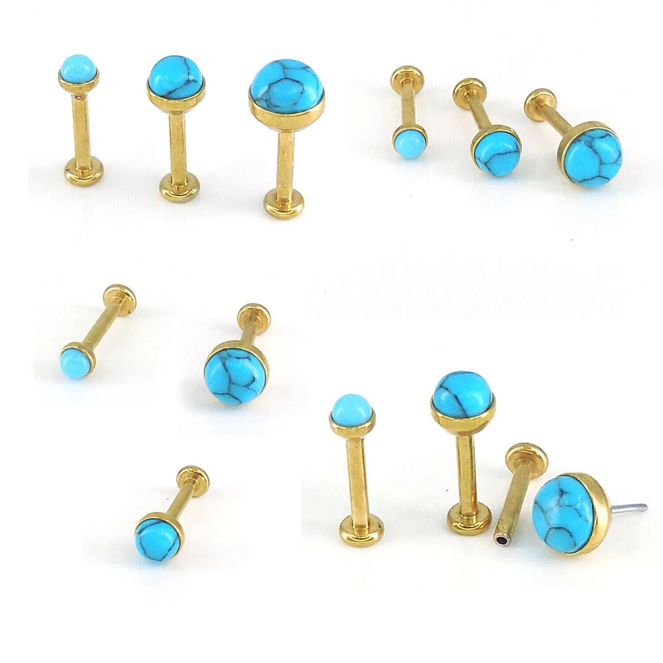 Pendientes planos sin hilo 18G turquesa 2,3,4 mm pasador tono dorado Foto 3 de 4