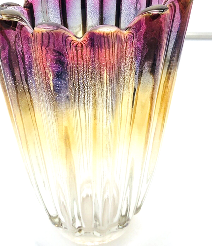 Art Glass Vase Carnival Yellow Purple Pink Clear 8 In Ruffled Top - Picture 2 of 7