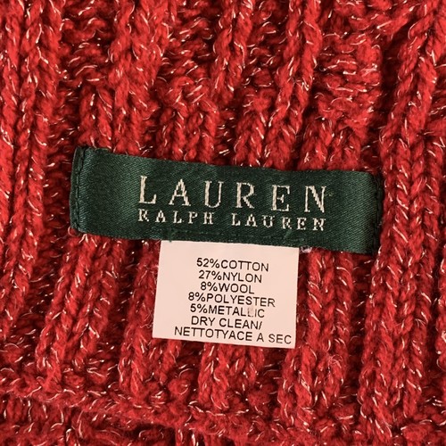 Ralph Lauren Womens Rectangle Scarf Red Metallic Silver Cable Knit Warm Winter - Picture 9 of 10
