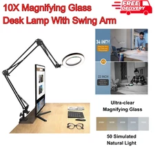 Magnifying Glass Desk Lamp with 3-Section Swing Arm and Big Clamp 10X Swing