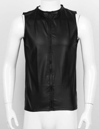 Gilet de réservoir en cuir pour hommes T-shirt fermeture éclair chemise sans manches vêtements club sous-vêtements - Photo 1 sur 19