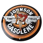 Vintage Johnson Gasoline Sign - Time Tells Gas Oil Pump Plate Porcelain Sign