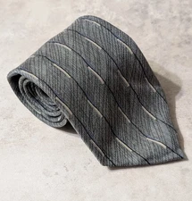 Vintage Perry Ellis Portfolio Textured Muted Sage Green Grey Vertical Stripe Tie