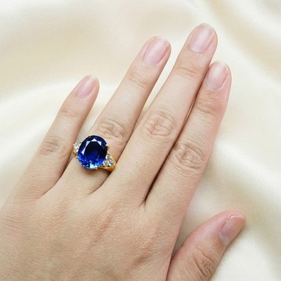 24K Gold 925 Sterling Silver Rings Dazzling Royal Blue Sapphire Oval 12.30Ct