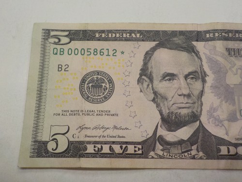 $5 Star Note Low Run Size 640K Low Serial Number Sheets QB00058612* Dollar Bill - Picture 3 of 4