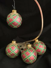 Red & Green Scottish Plaid Glitter Glass Set 4 Christmas Ornaments 2.75" Round 