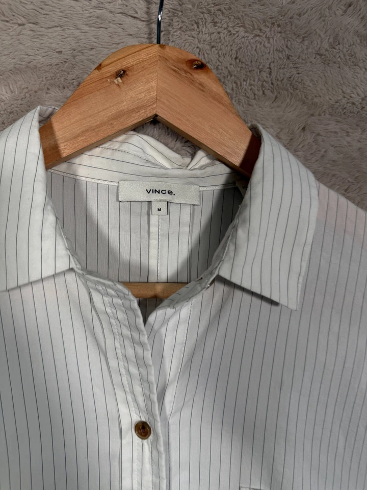 Camisa Vince Abotonada Para Mujer Talla M Blanca Azul Rayas Manga Larga Informal Foto 2 de 4