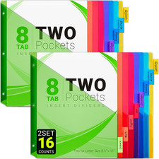 8-Tab Dividers for 3-Ring Binders, 16 Counts 3 Holes Index Dividers with 2 Pocke
