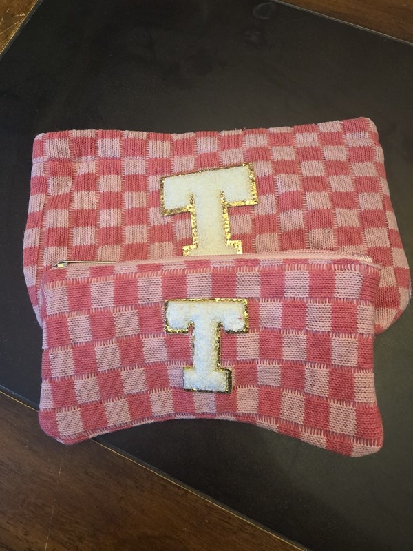Giesiery Monogrammed T Make Up Bags.  PINK Checkered NEW without Tags.