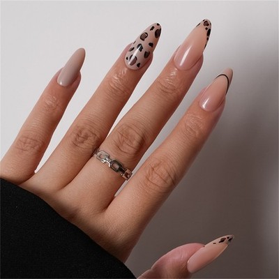 24Pieces Almond Shape Faux Nail with Leopard Pattern Press On French Tip Nail