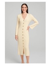 A New Day Midi Dress Women's Sz M Ribbed Button Front V Neck Cream Bell Sleeves