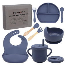 Navy Blue Silicone Baby Feeding Set with BPA-Free Suction Bowl