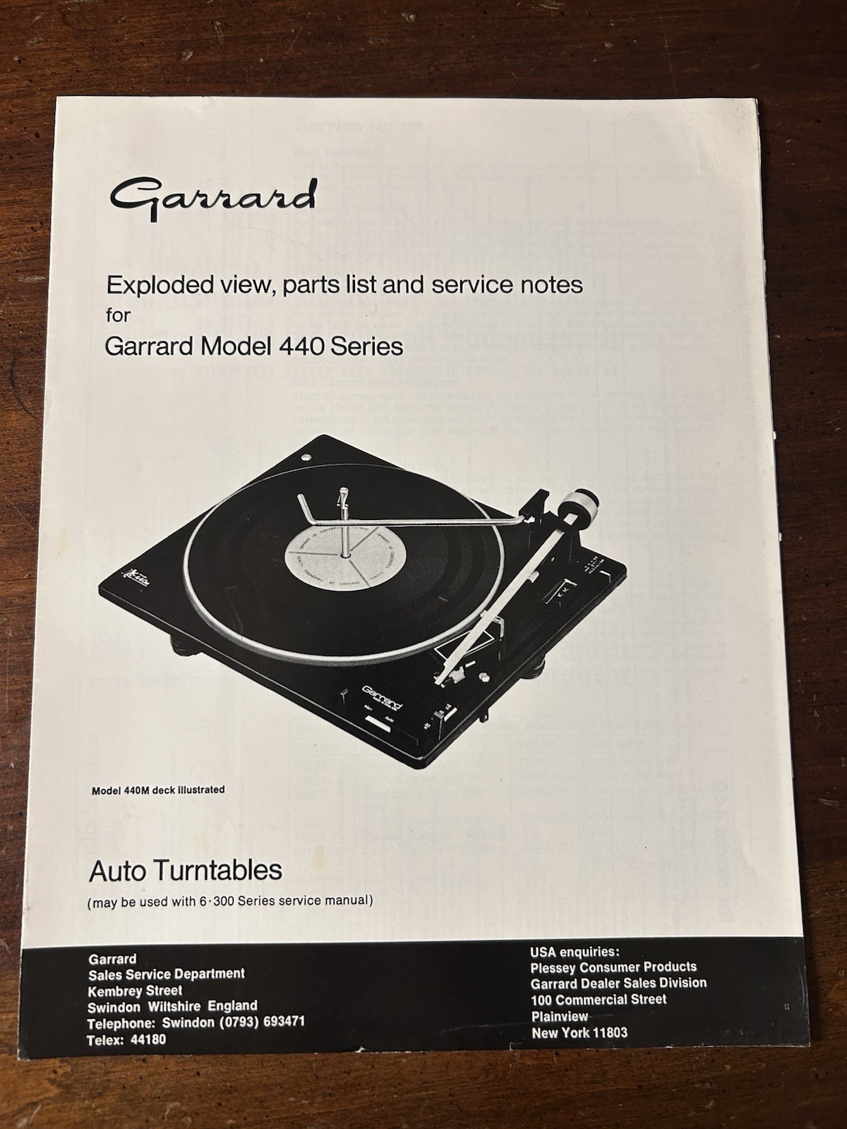 Garrard Model 440 Turntable Exploded View Service Manual Notes Original Genuine