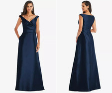 Alfred Sung Off the Shoulder Satin Maxi Dress in Midnight Navy Blue Size 6 D811