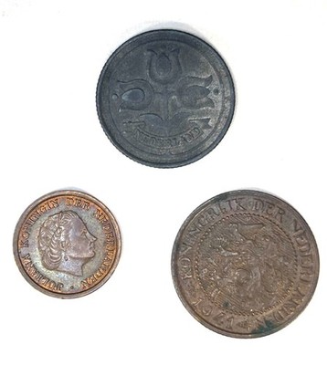 Netherlands Lot of 3 coins: 1956 1 Cent, 1941 2 1/2 Cents, and 1942 10 Cents
