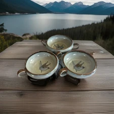 VTG 3 Tonala Mexico Pottery Ken Edwards Cream Soup Bowl Double Handle Blue Bird