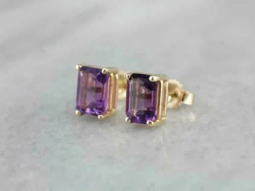 4Ct Emerald Cut Amethyst Solitaire Women's Stud In 14K Yellow Gold Plated - Image 4 of 4