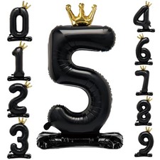 42 Inch Crown Black Number Balloon 0-9, Number 5 Balloon with Base for Boys G...