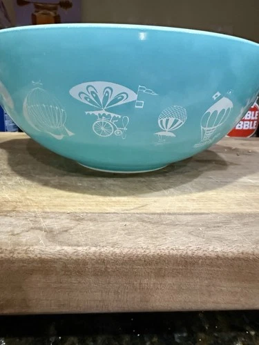 1958 Pyrex #444 Cinderella Bowl 4 Qt Turquoise Hot Air Balloons MCM USA