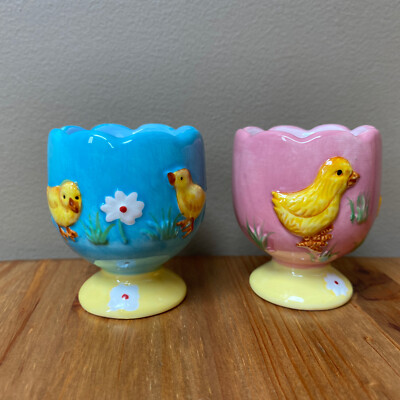 Ceramic Easter EGG CUPS Pair Set of 2 Holders Spring Chicks Blue & Pink Lot 