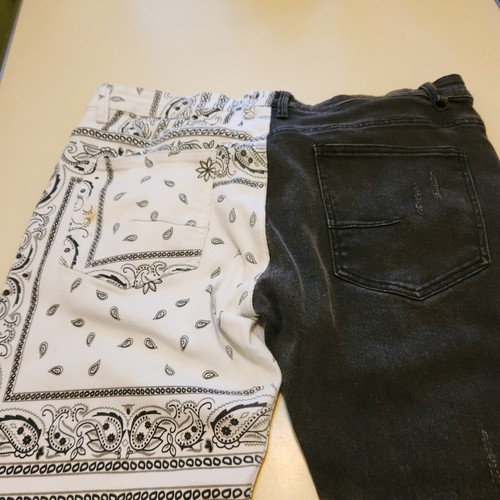 Mens NovaMen Jeans 42 W 39 L Black and White Paisley Distressed on One Leg - Picture 5 of 12