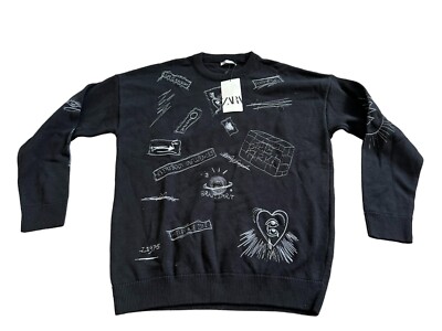 Zara Womens Sweater L Crew Neck Black Graffiti Streetwear 6771/401 NWT 