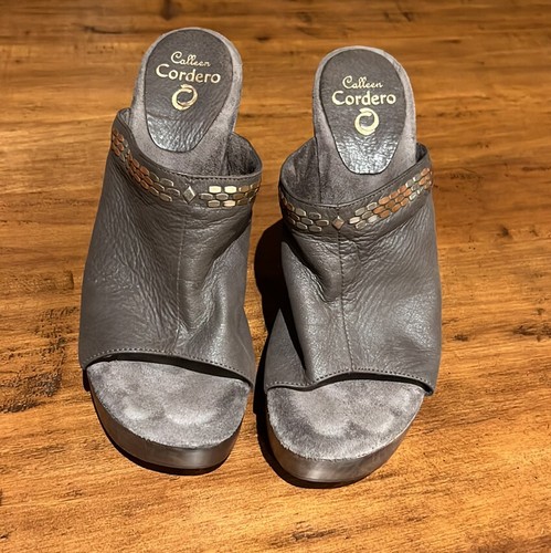 Gray leather wood heel platform slip on studded sandals Calleen Cordero Size 40 - Picture 1 of 10