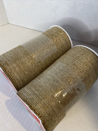2 Extra Wide Brown Cream Gold Christmas Ribbon Wreath Crafty 5 1/2”x 6 Yards - Picture 3 of 5