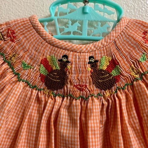 Rags Land gesmokter orangefarbener Strampler mit Gingham-Muster - 12 Monate Blätter Thanksgiving - Bild 2 von 12