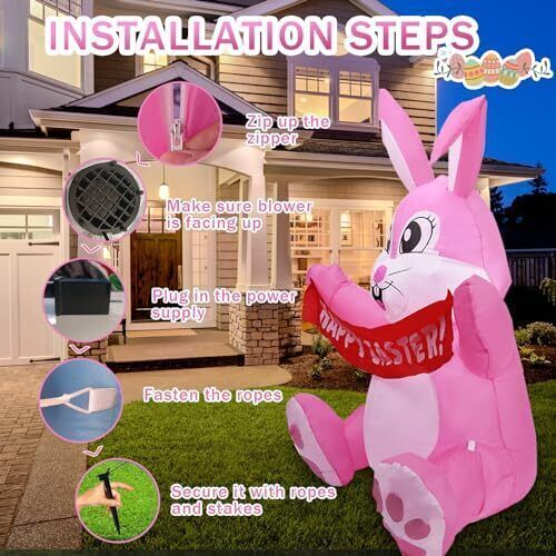 5FT Easter Inflatable Bunny Holding a Banner Yard Decorations with LED Lights - Picture 9 of 15