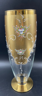 Vase Übermobile Murano Klarglas Blumen Emaille Goldrelief
