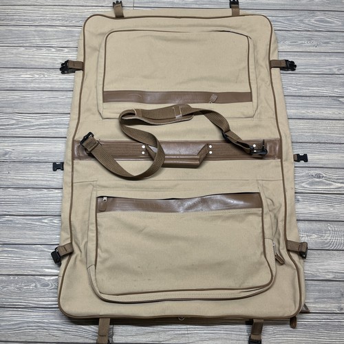 2 Eddie Bauer Edition Ford Khaki Canvas & Leather Garment Bags Luggage Travel - Picture 9 of 9