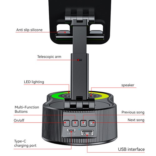 Cell Phone Stand with Bluetooth Speaker Colorful Ambient Light 360° Foldable US - Picture 3 of 20