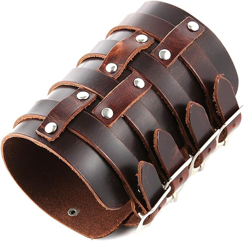Mens Leather Wide Triple Strap Cuff Wristband Buckle Wrap Gauntlet Brown 4 Rows - Picture 6 of 11