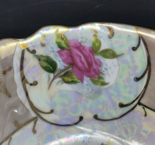 Tazón de servir vintage rosa amarillo rosas pintado a mano brillo detalles dorados - Imagen 7 de 12
