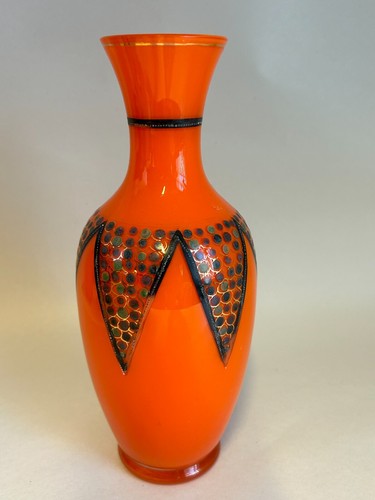 Loetz Stil orange Tango Glas Vase mit applizierter schwarzer Dekoration Höhe 23,5 cm - Bild 3 von 7