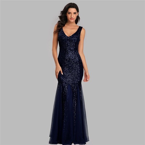 New Full Length Sequin Inserts Prom Chiffon Maxi Bridesmaid Evening Dress - Picture 7 of 37
