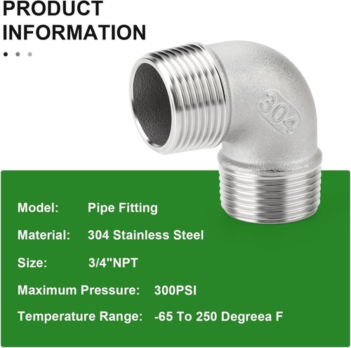 Conectores de codo de acero inoxidable NPT de 3/4" de 5 piezas - alta presión hasta 300 PSI - Imagen 6 de 9