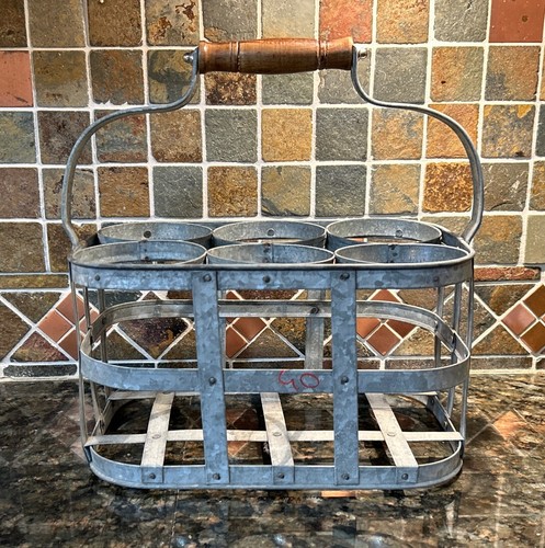 Vintage Milk Jug Galvanized Carrier With Wood Handle - Picture 2 of 16