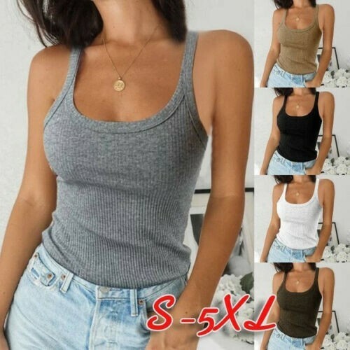 Womens Summer Plain Ribbed Cami Vest Camisole Ladies Stretchy Tank Tops T-Shirt