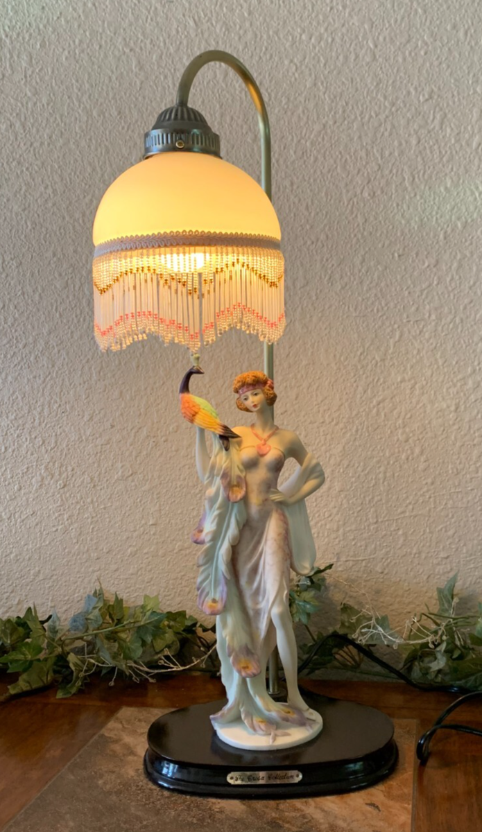 The Crosa Collection Table Lamp Lady with Peacock Beaded Shade Art